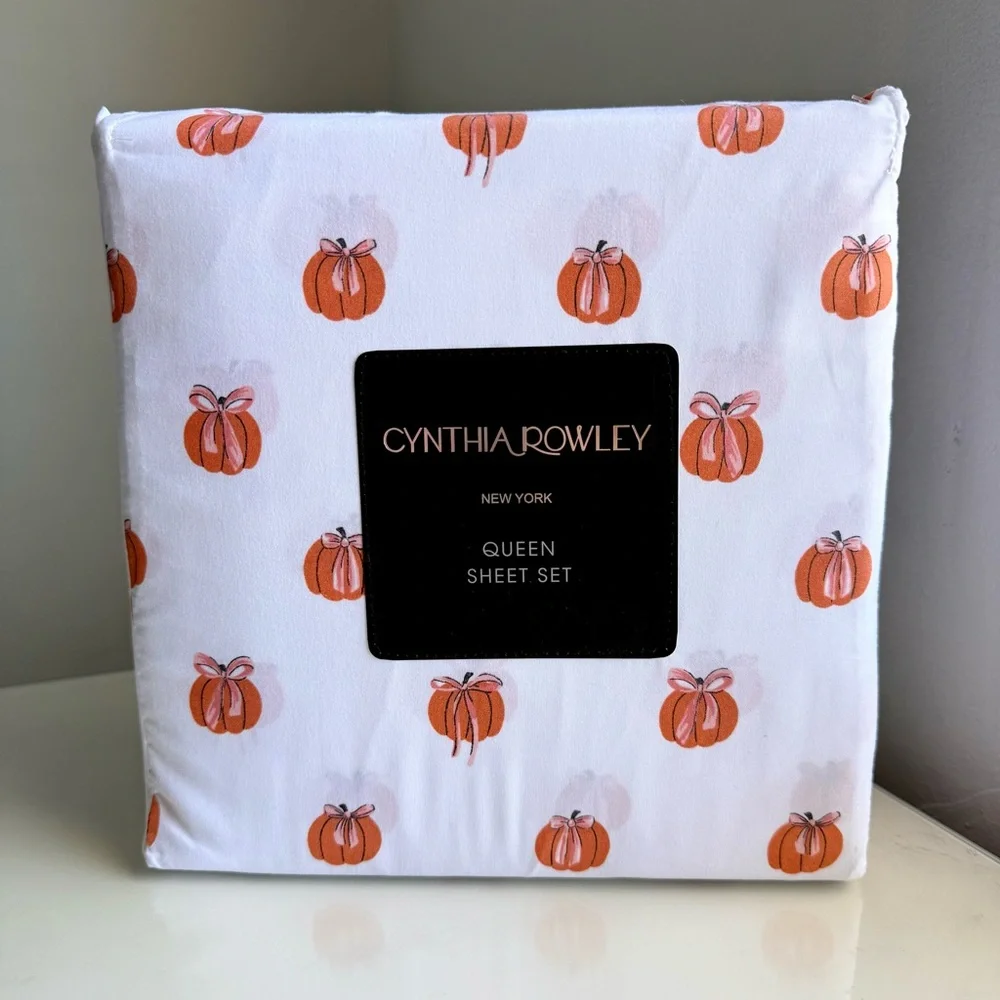 Cynthia Rowley Queen Sheet Set Pumpkin Pink Bow Fall Halloween Cottagecore NWT